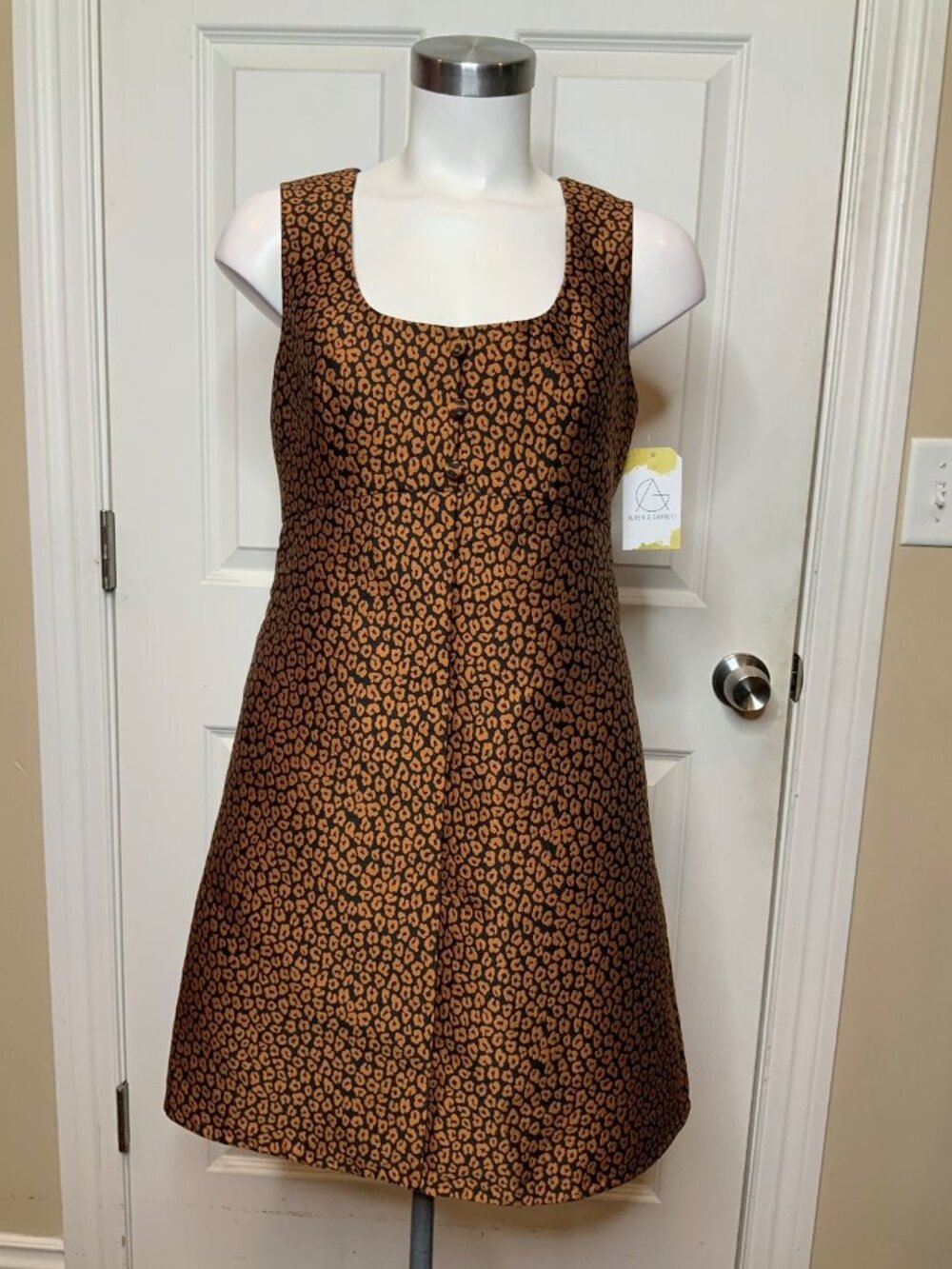 Kate Spade Flora Brown Black Leopard Print Queen Anne Neckline A-Line Dress Sz 4